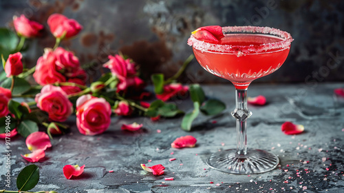 Glass of rose tequila surrounded by pink roses