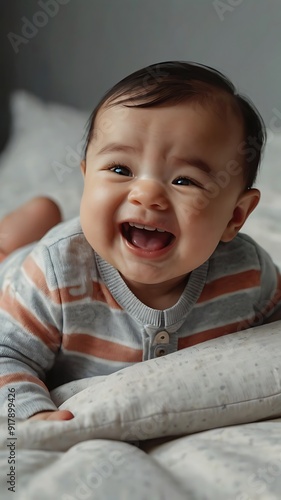 A potrait of cute baby laugh on bed, wear cute dress, studio light