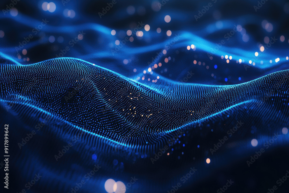 Abstract 3D rendering of a glowing, digital, blue landscape with particle waves and depth of field. Perfect for tech and futuristic themes. Abstract 3D rendering of a glowing, digital, blue landscape with particle waves and depth of field. Perfect for tech and futuristic themes.