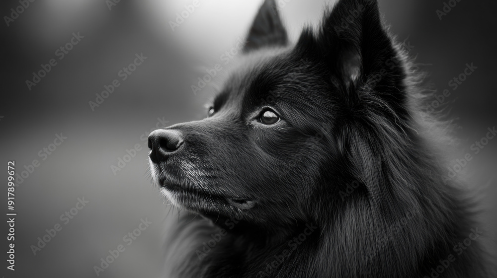 Close-up black and white portrait of a fluffy dog looking off into the distance with a contemplative expression in a natural, blurred background. Close-up black and white portrait of a fluffy dog looking off into the distance with a contemplative expression in a natural, blurred background.