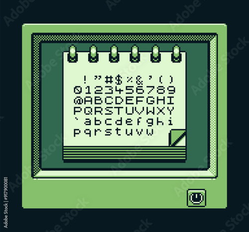 Game boy interface, pixel art design, message, retro 80s console gaming app, video game, flat style, old school computer graphic design, 8-bit sprite, game assets, vector illustration.