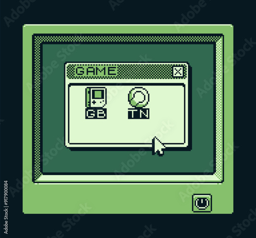 Game boy interface, folders, window pixel art design, play, retro 80s console gaming app, video game, flat style, old school computer graphic design, 8-bit sprite, game assets, vector illustration.