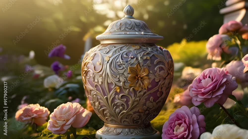 Ceramic urn surrounded by blooming roses in a serene garden at sunset Ceramic urn surrounded by blooming roses in a serene garden at sunset