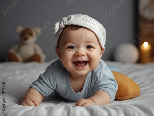 A potrait of cute baby laugh and wear cute dress on bed
