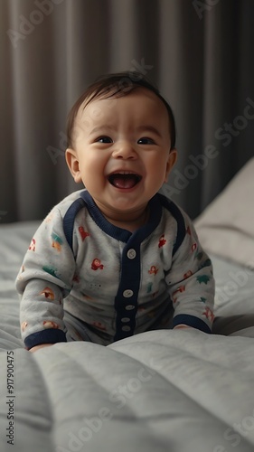 Adorable baby laugh and wear cute dress on bed