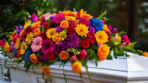Wallpaper Mural Colorful floral arrangement atop a coffin during an outdoor service Torontodigital.ca