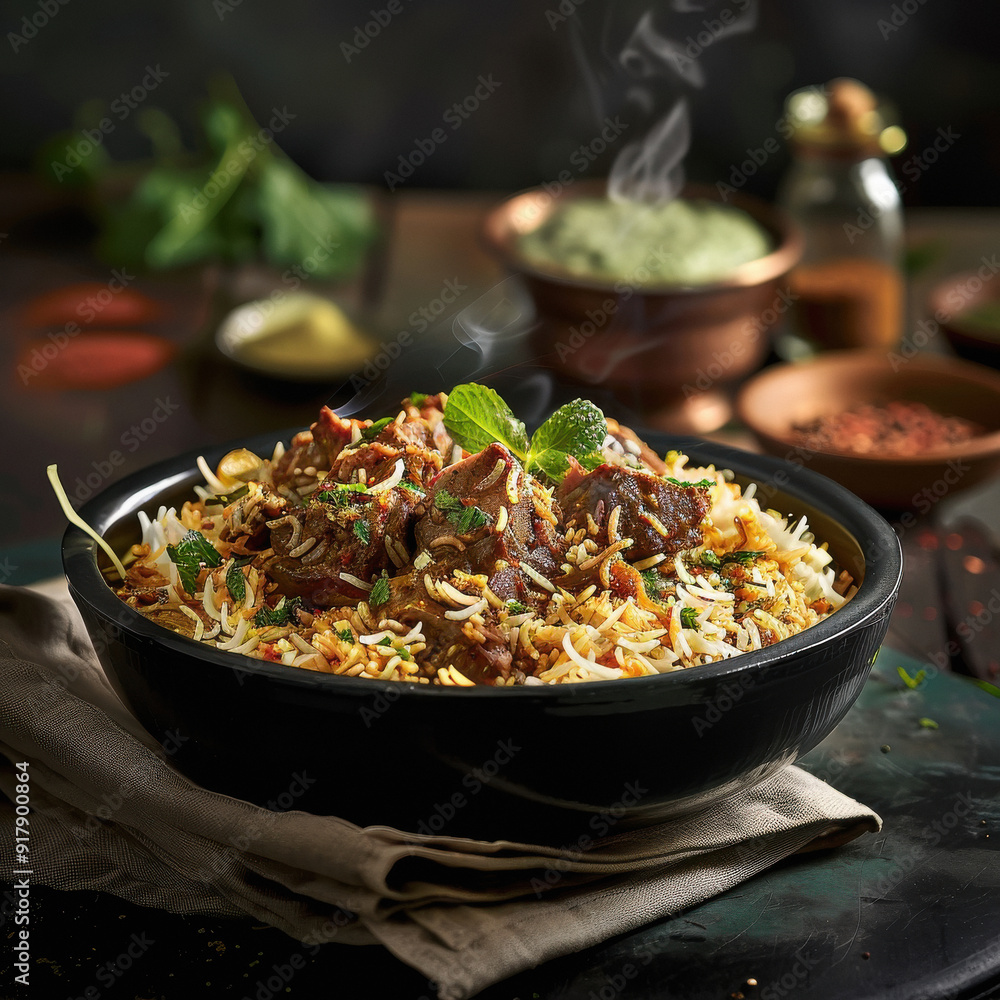 mutton biryani in Basmati rice and green mint raita in smaller bowl mutton biryani in Basmati rice and green mint raita in smaller bowl