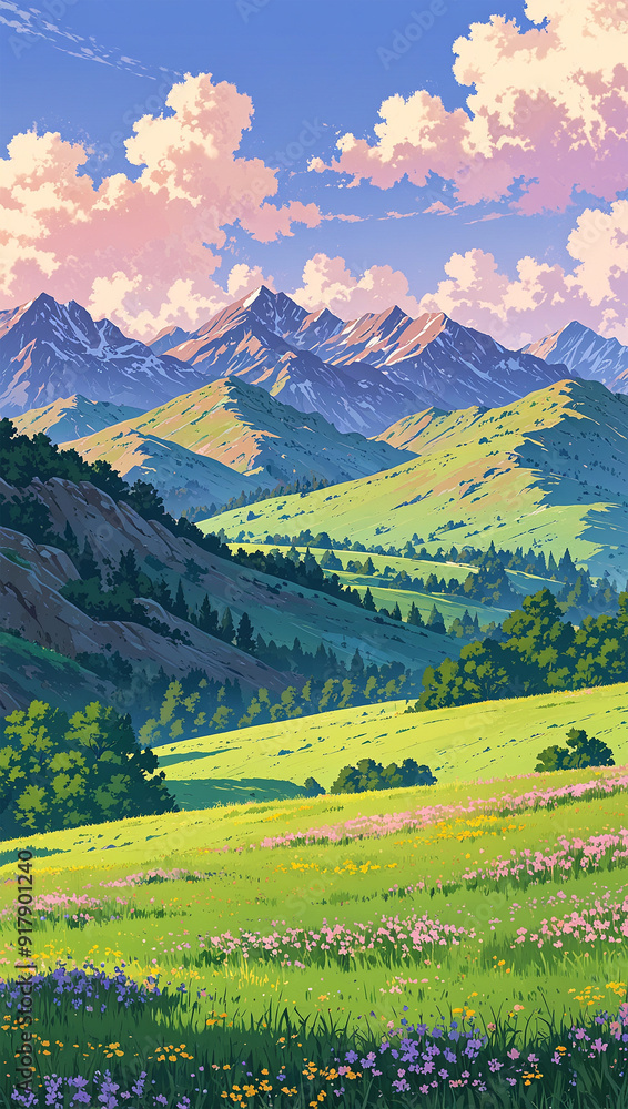 Obraz premium Beautiful view of flowering meadow with mountains and clouds, AI generated illustration 33