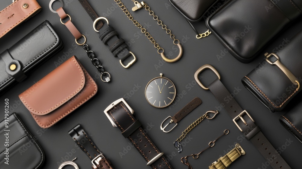 Flat Lay of Leather Accessories on Dark Background. Flat Lay of Leather Accessories on Dark Background.