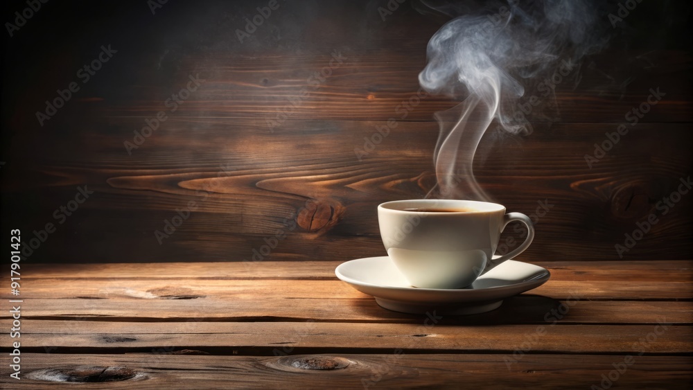Isolated white cup with steam rising, holding a rich brown coffee, placed on a rustic wooden table, surrounded by blank space for customization. Isolated white cup with steam rising, holding a rich brown coffee, placed on a rustic wooden table, surrounded by blank space for customization.