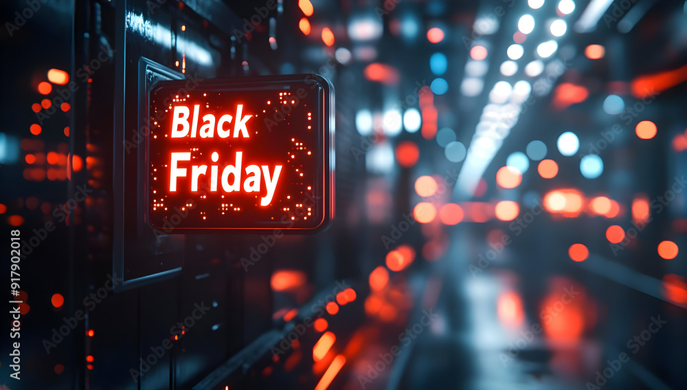 Vibrant neon sign for Black Friday shopping event, showcasing bright lights and a festive atmosphere in a modern urban setting. Vibrant neon sign for Black Friday shopping event, showcasing bright lights and a festive atmosphere in a modern urban setting.