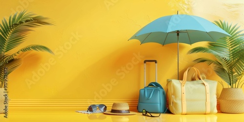 Summer vacation concept, Beach umbrella and travel accessories on pink background, 3d illustration, Generative AI 