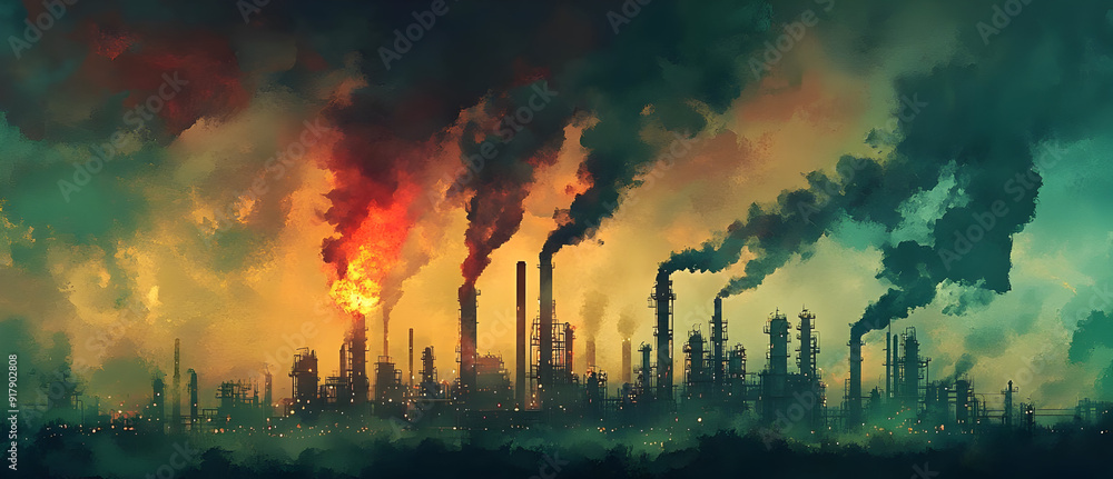 Obraz premium A dramatic landscape depicting an industrial skyline with dark smoke billowing against a vibrant sunset.