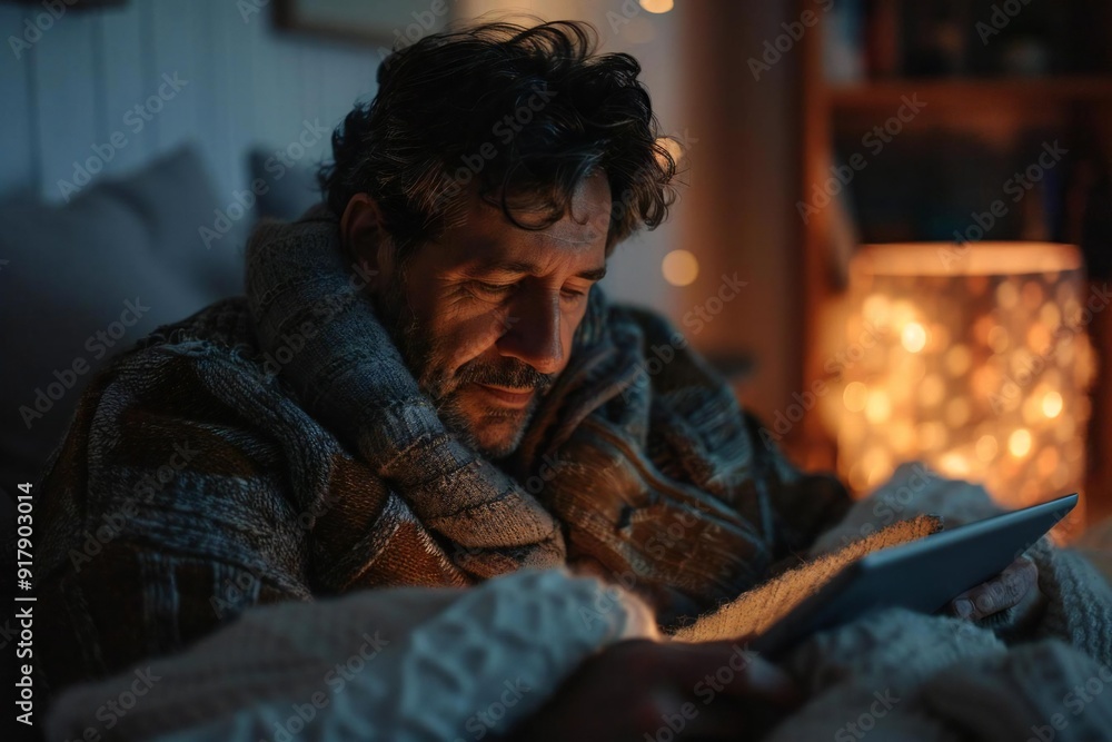 Obraz premium candid shot of a mid-adult man engrossed in surfing on social media using a digital tablet at home.