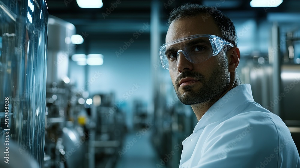 A Man in a Lab Coat and Safety Glasses Looking Over His Shoulder A Man in a Lab Coat and Safety Glasses Looking Over His Shoulder