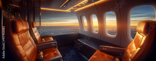 Luxurious airplane interior with plush seats, warm lighting, and panoramic views during sunset, perfect for travel enthusiasts. photo