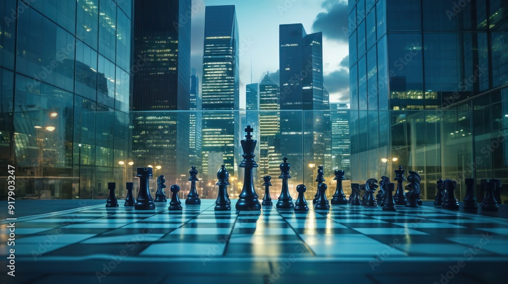Obraz premium The chess board has a beautiful modern corporate office backdrop.