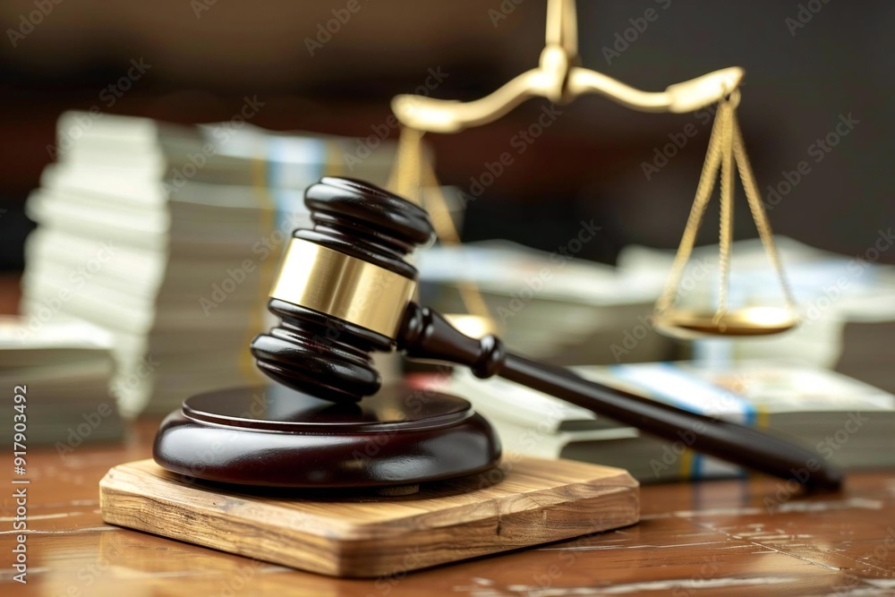 photo of an imposing judge's gavel and scales surrounded by stacks of money sitting on a polished wooden desk, symbolizing the intersection of justice and wealth in the legal system. photo of an imposing judge's gavel and scales surrounded by stacks of money sitting on a polished wooden desk, symbolizing the intersection of justice and wealth in the legal system.