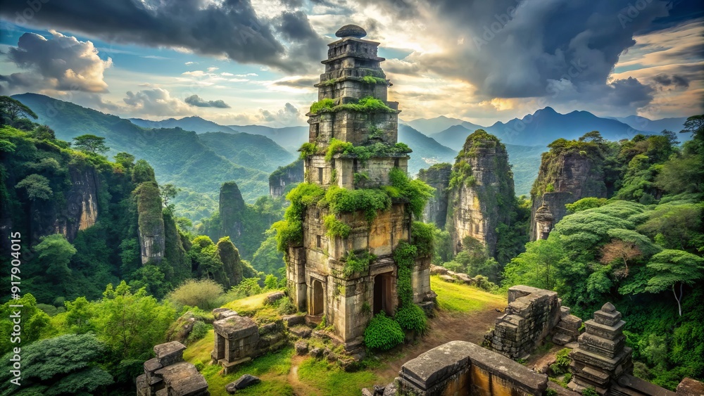 Majestic ancient stone monument stands tall amidst lush greenery, its weathered surface bearing the scars of time and nature's fury.