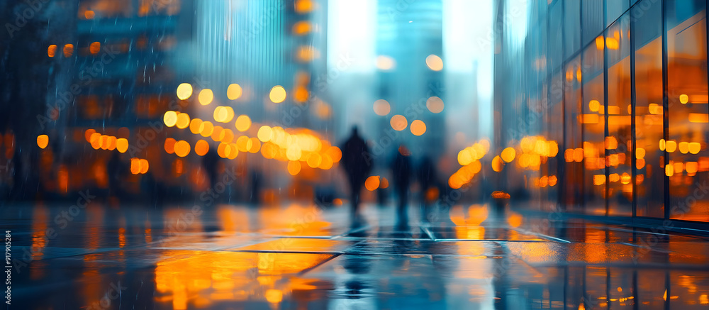 A vibrant urban scene with blurred silhouettes and luminous reflections on wet pavement creating a mesmerizing atmosphere. A vibrant urban scene with blurred silhouettes and luminous reflections on wet pavement creating a mesmerizing atmosphere.