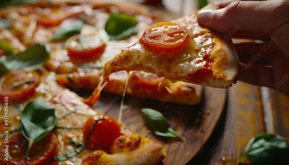 Taking piece of delicious Margherita pizza at wooden table, closeup Taking piece of delicious Margherita pizza at wooden table, closeup
