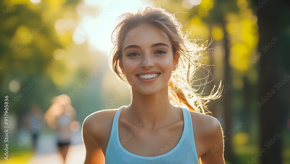 A young woman jogging in a sunny park, radiating happiness and health, embodying the joy of an active lifestyle. A young woman jogging in a sunny park, radiating happiness and health, embodying the joy of an active lifestyle.