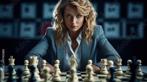 Business woman playing chess thinking