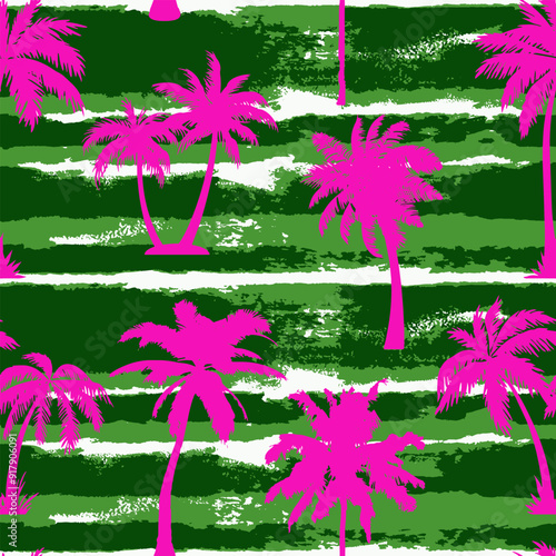 Abstract Hand Drawing Watercolor Tie Dye Horizontal Stripes Lines with Tropical Palm Trees Silhouettes Seamless Textile Vector Pattern Isolated Background