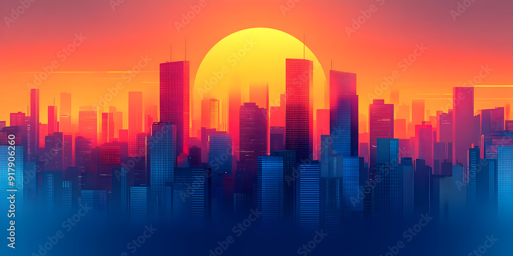 Stunning sunset over a city skyline, showcasing vibrant colors and silhouettes of skyscrapers against a dramatic sky. Stunning sunset over a city skyline, showcasing vibrant colors and silhouettes of skyscrapers against a dramatic sky.