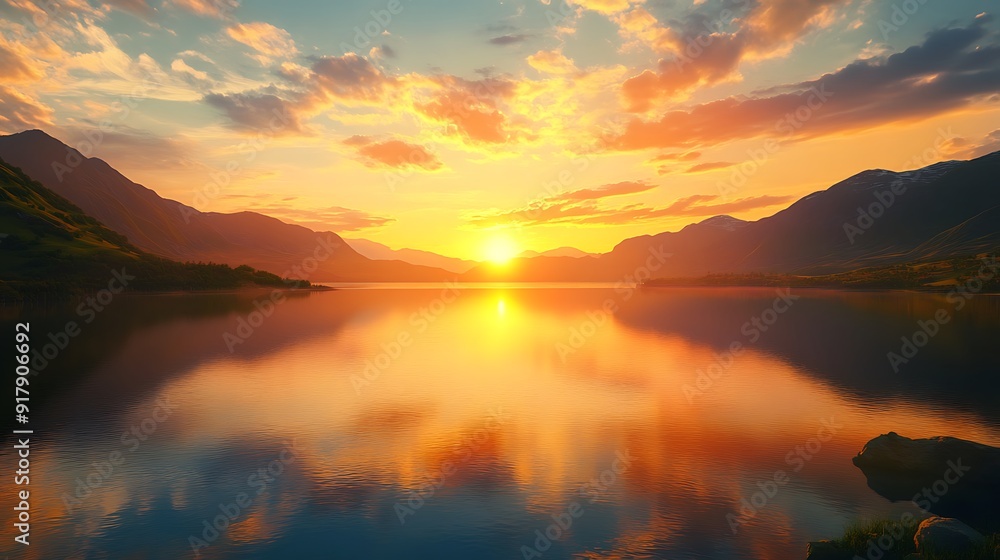 Fototapeta premium Sunset over a calm lake with mountains in the background.