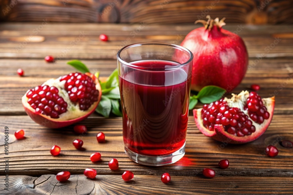 A glass of red juice is on a table with a bowl of pomegranates A glass of red juice is on a table with a bowl of pomegranates