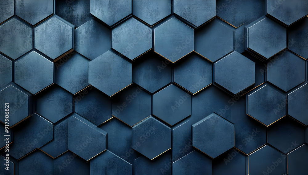 A rich, textured wall featuring a geometric pattern of dark blue hexagons, ideal for modern design and architecture themes. A rich, textured wall featuring a geometric pattern of dark blue hexagons, ideal for modern design and architecture themes.