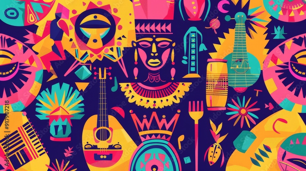 Vibrant Abstract Geometric Pattern with Guitars and Masks. Vibrant Abstract Geometric Pattern with Guitars and Masks.
