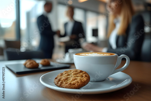 A close-up of a coffee cup and cookie, with blurred business people in the background, perfect for office and meeting themes.