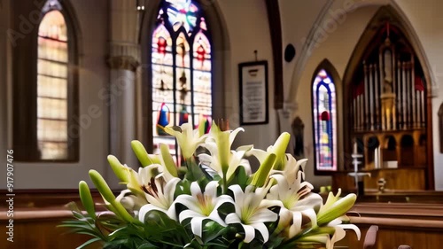 Elegant lilies adorn a church interior with stained glass windows and a wooden altar