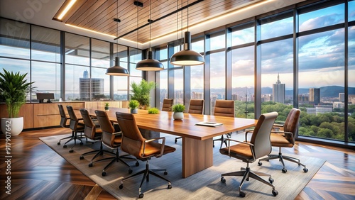 Modern conference room with sleek wooden table, stylish chairs, and large glass windows, filled with creative professionals brainstorming and collaborating on innovative projects.