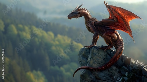 Majestic Dragon Guarding Vast Fantasy Kingdom from Clifftop Perch