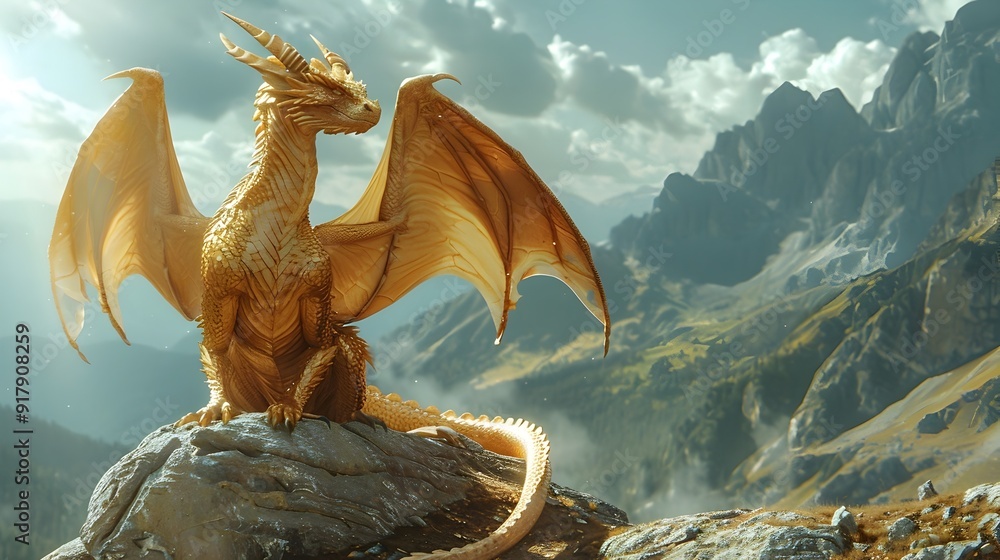 Obraz premium Majestic Golden Dragon Overlooks Vast Fantasy Kingdom from Mountain Peak