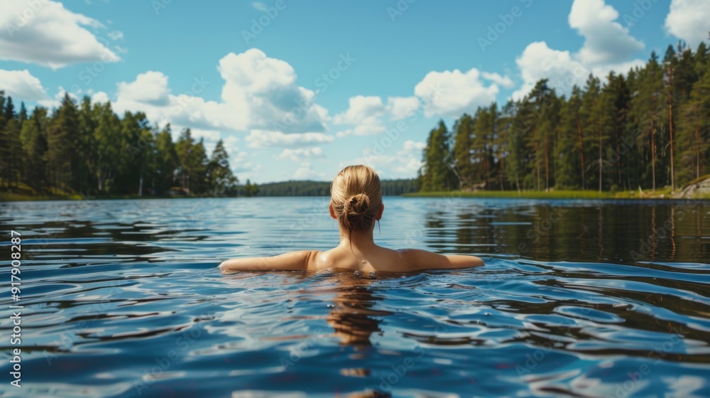 Fototapeta premium Serene Lake Swim - Woman Enjoying Nature's Embrace