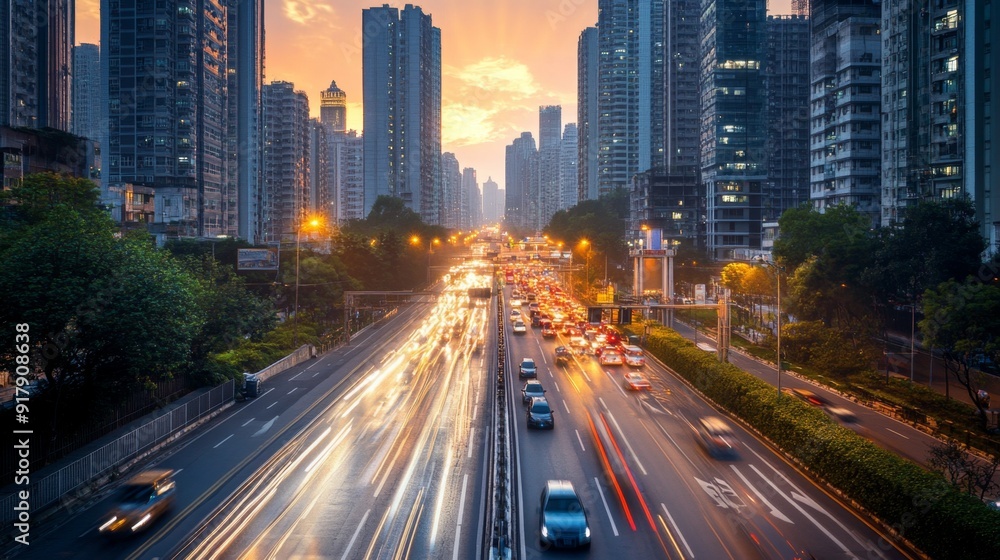 Bustling City Street at Dusk with Traffic and Urban Skyline Bustling City Street at Dusk with Traffic and Urban Skyline