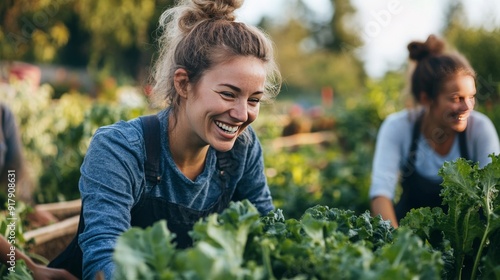Wallpaper Mural Joyful Female Farmers Harvesting Organic Greens in Sunny Field Torontodigital.ca