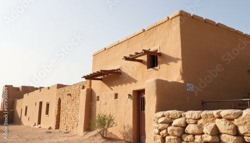 Traditional desert architecture of an ancient adobe house under the clear sky, representing the simplicity and resilience of desert life. photo