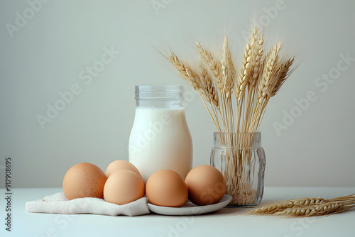 A tranquil still life featuring fresh eggs, milk in a jar, and wheat stalks, perfect for culinary or rustic themed projects. photo