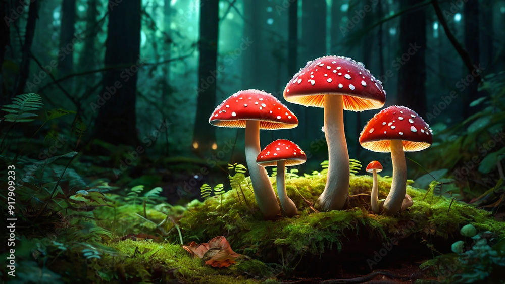 Fototapeta premium Magical forest with glowing mushroom Landscape. Natural scenery.