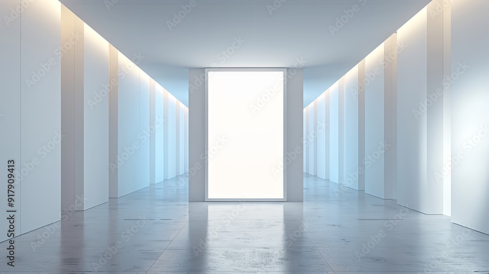 Fototapeta premium Minimalist white hallway with a bright light at the end.