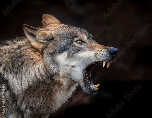 Portrait of a roaring wolf. A wolf showing its fangs