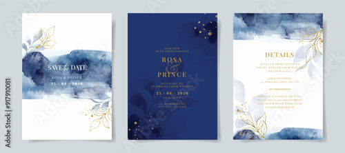 Watercolor navy wedding invitation card template with gold and leaves decoration