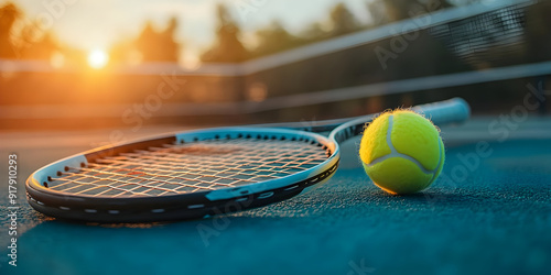 A vibrant scene capturing a tennis racket and ball on a court at sunset, perfect for sports and activity-themed projects. photo