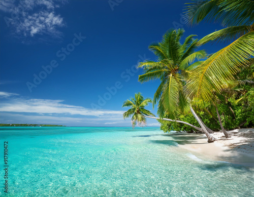 Landscape on an exotic empty beach with turquoise water and palm trees