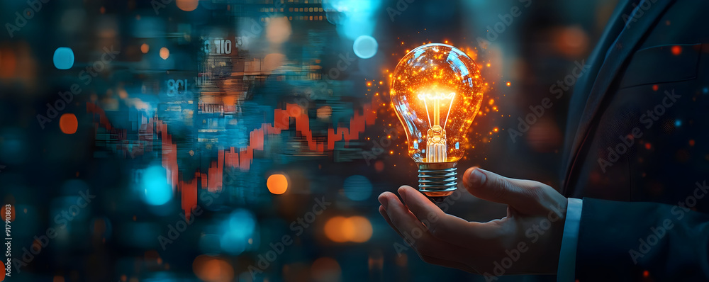 A businessman holding a glowing light bulb, symbolizing innovative ideas and financial growth in a digital world. A businessman holding a glowing light bulb, symbolizing innovative ideas and financial growth in a digital world.